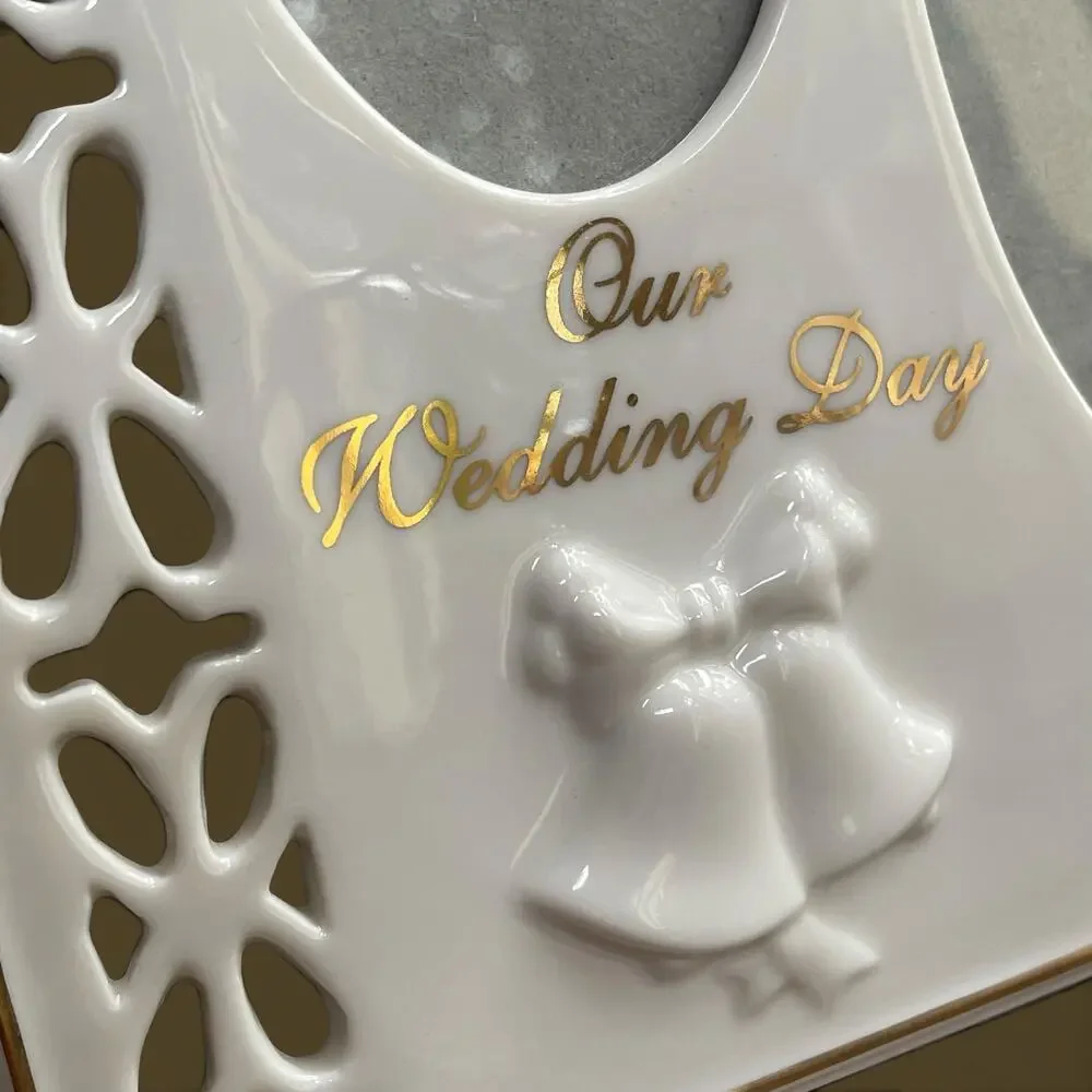 Vtg Porcelain 50th Wedding Anniversary 2 Picture Frame Golden Cream Ornate Russ